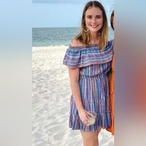 Dress off shoulder blue with sunset color stripes. Size small